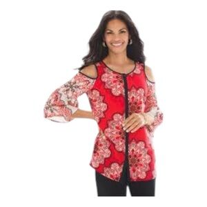 Chico’s 0 Petite Red Tiled Spice Cold-Shoulder Top